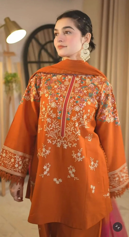 Zarqa Amber - Stitched 3 Piece Embroidered Dress